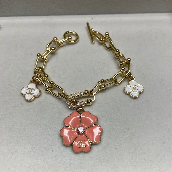 Upcycled Chanel Chunky Pink Flower Bracelet - Picture 1 of 5